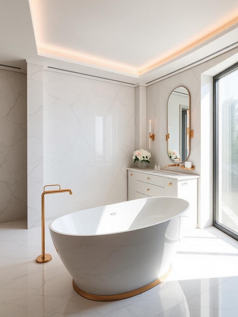 Pristine spa-style bathroom with freestanding tub