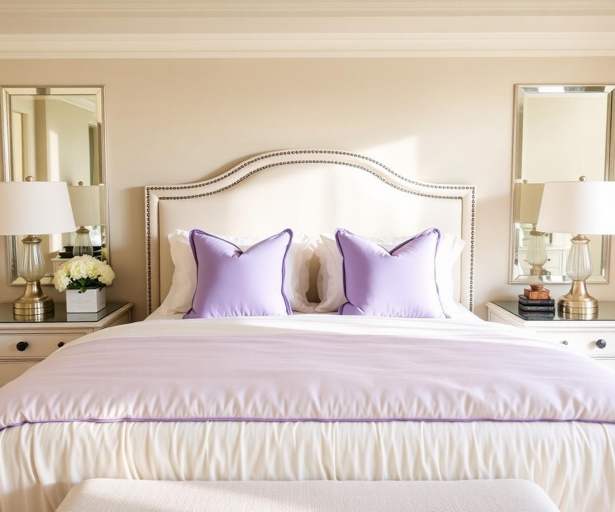 Freshly styled luxury bedroom with lavender accents